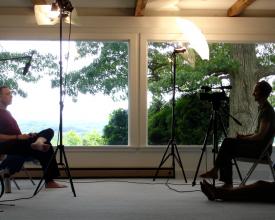 Director Jeremy Frindel interviewing Krishna Das for the first time at Yogaville, 2009